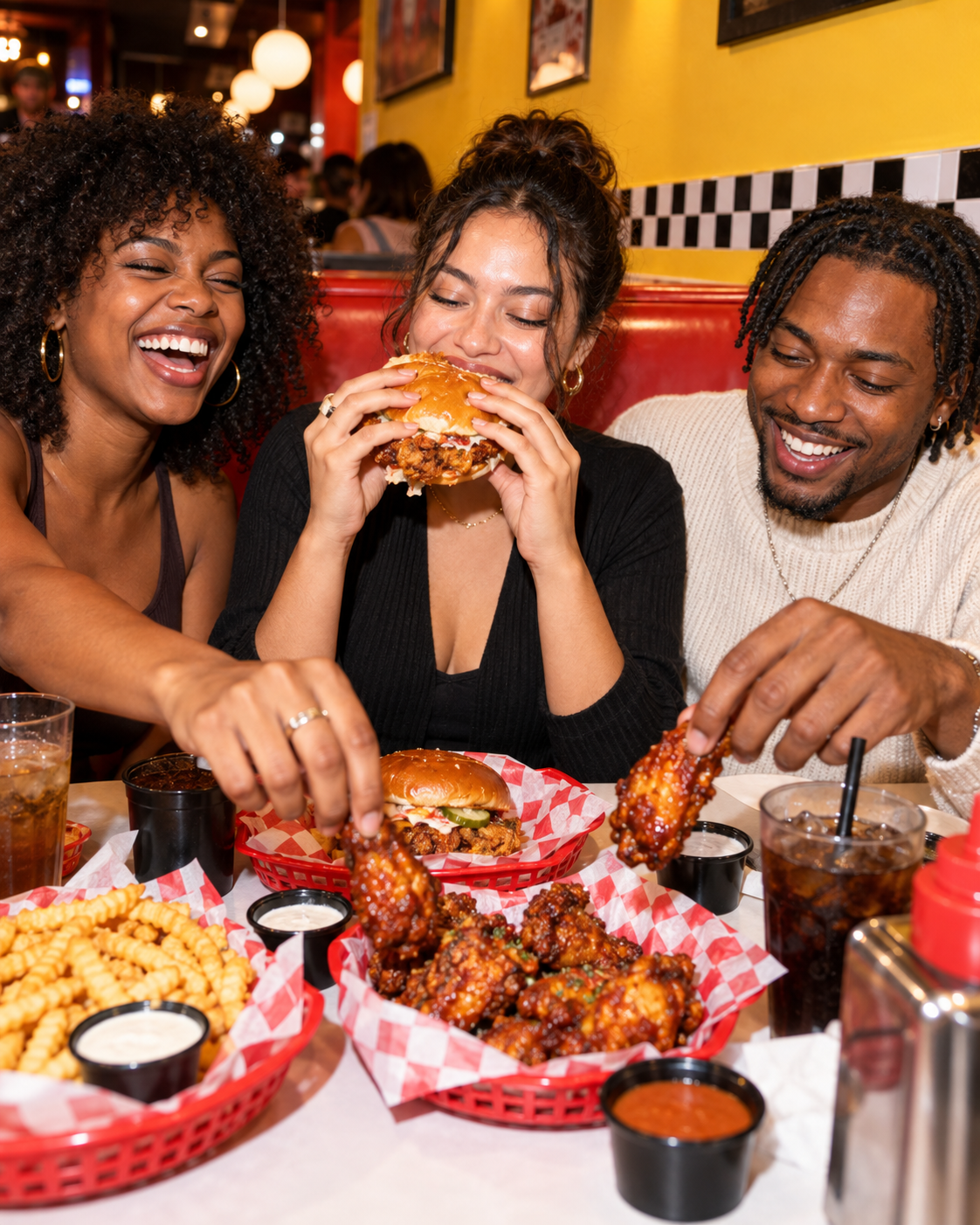 Three friends laughing and sharing fried chicken sandwiches and wings at a red booth