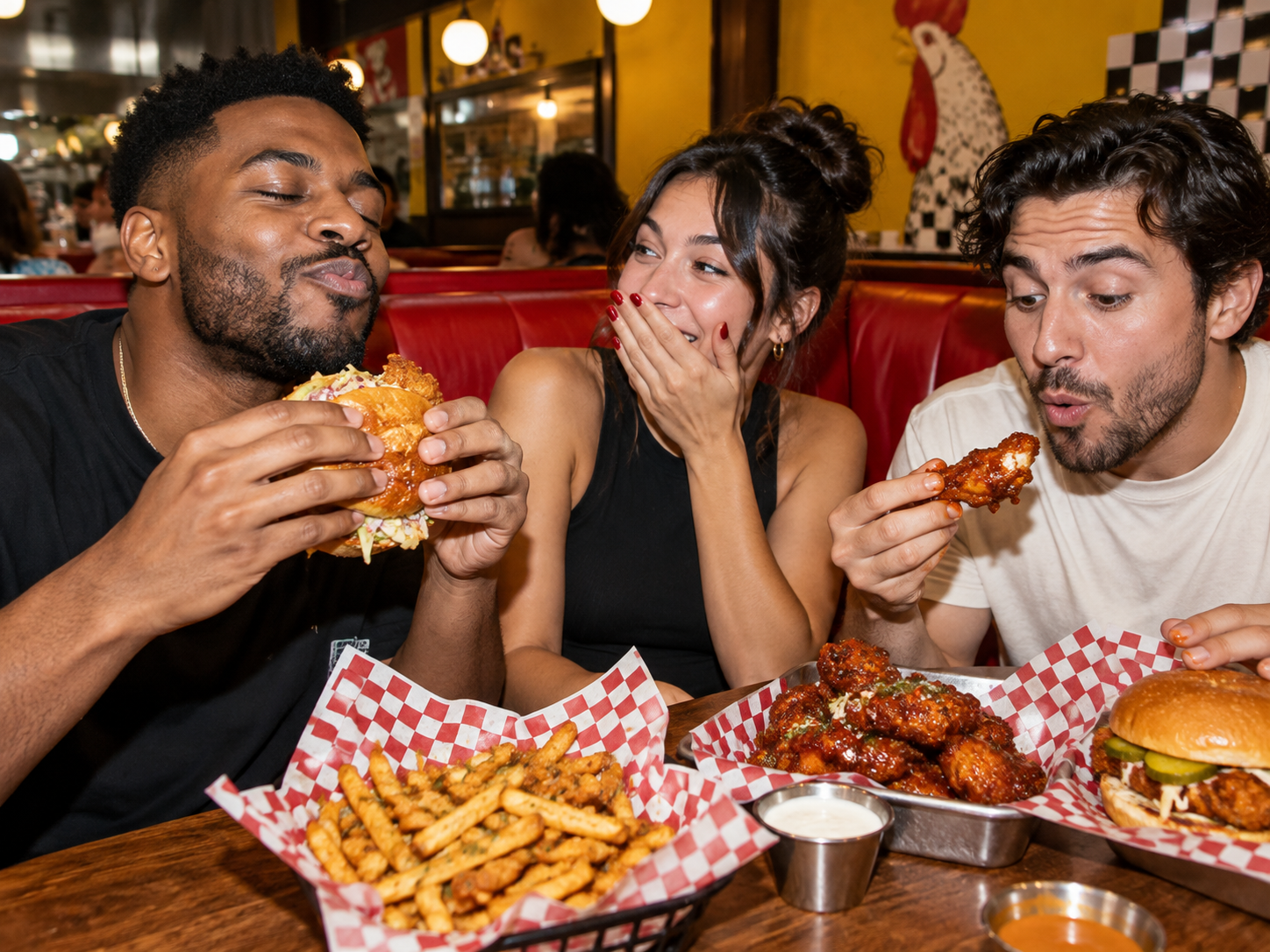 Three friends reacting to a crunchy chicken sandwich and spicy wings