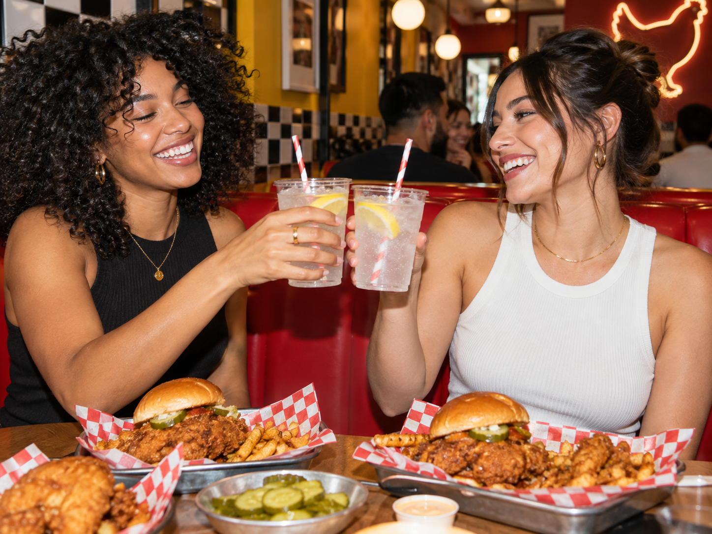 Two friends toasting cold drinks over fried chicken sandwiches