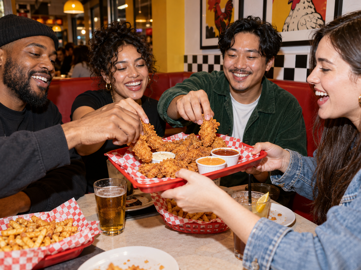 Four friends sharing a tray piled with crispy chicken tenders