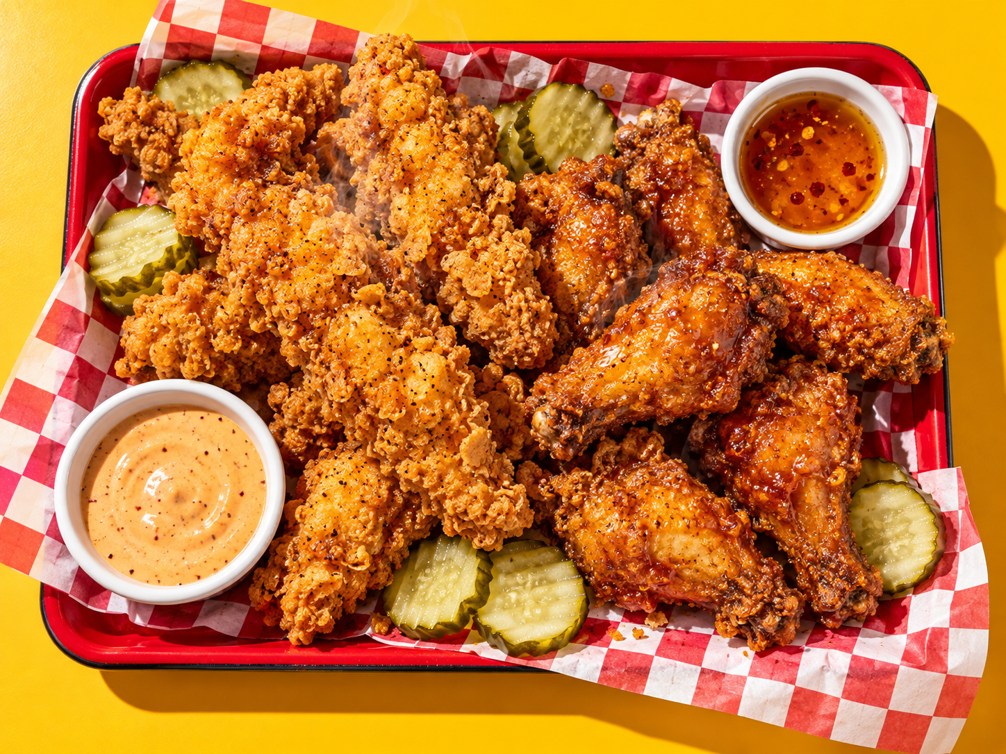 Golden fried chicken tenders and saucy wings on a red tray with pickles and dipping sauces
